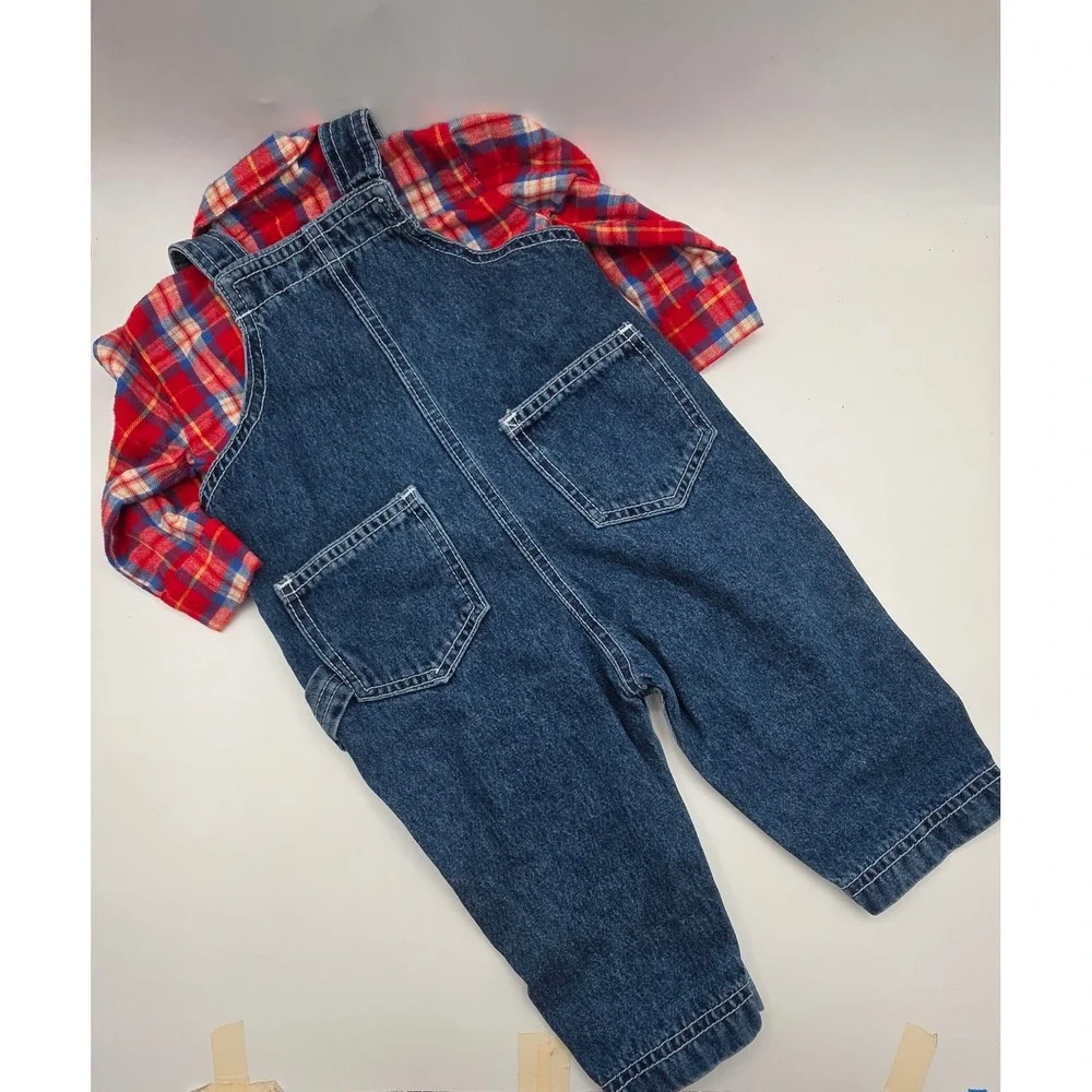 Mini Rocket Vintage Denim Overalls‎ and Plaid Flannel Shirt Set Red Blue 6-12M